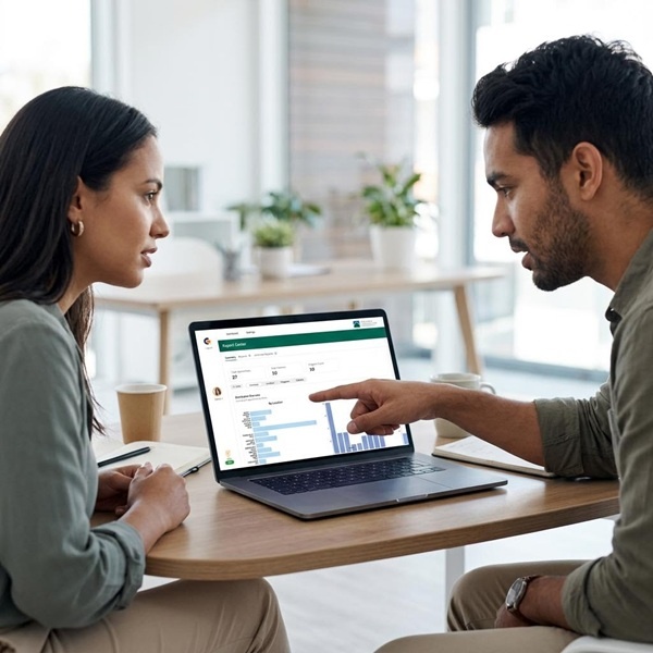A mentor and apprentice using apprenticeship tracking software to check on her progress.