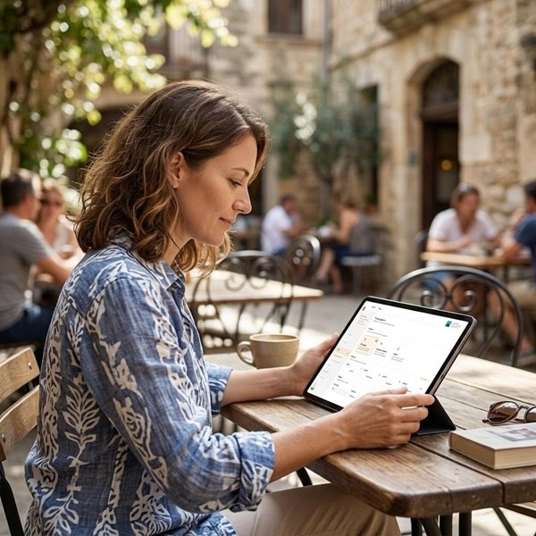 A woman using GoSprout's intern tracking software on a tablet device to manage her interns while overseas.