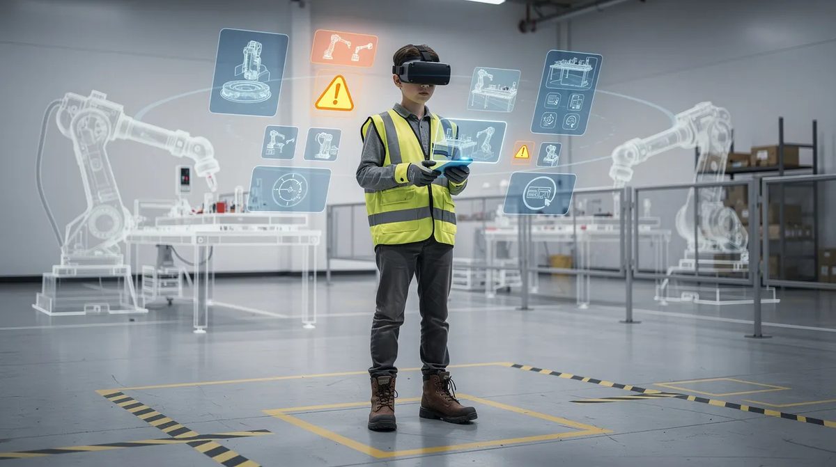 An apprentice engaged in an immersive learning experience, wearing a VR headset while practicing safety procedures in a simulated manufacturing environment.