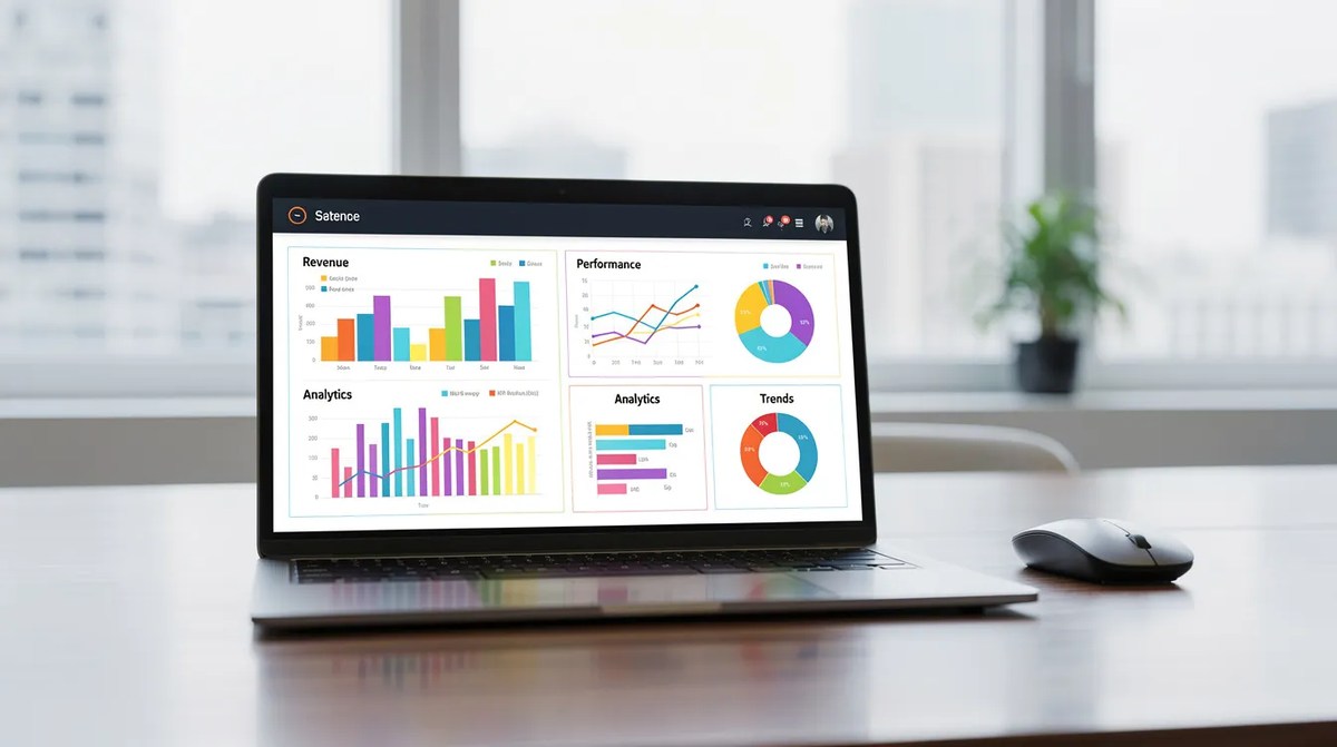 A laptop screen filled with colorful data charts and performance graphs.