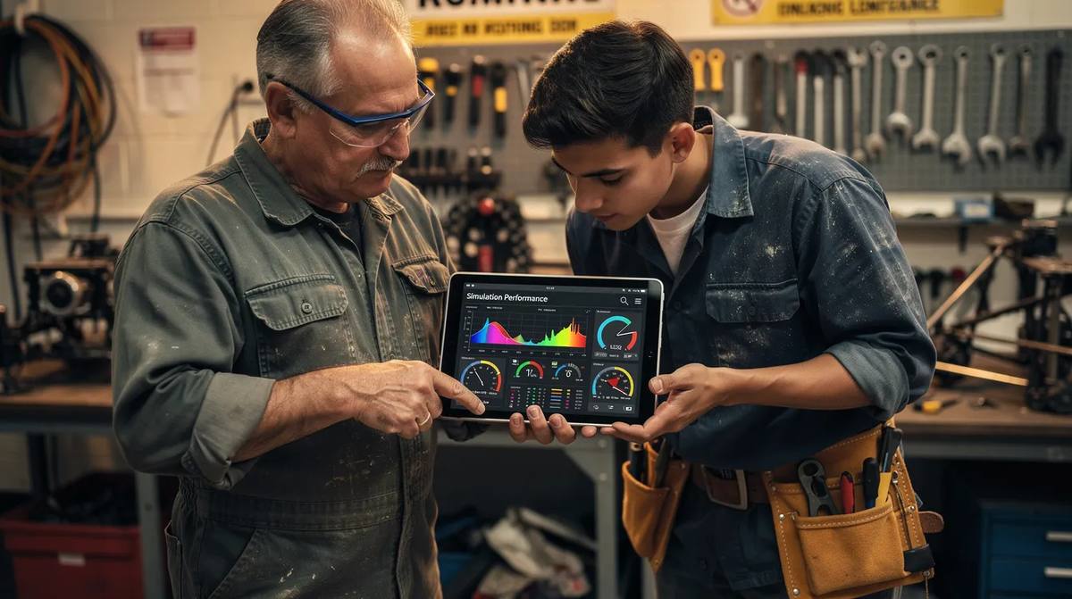 A mentor and apprentice reviewing simulation performance results on a tablet, using immersive learning methods.