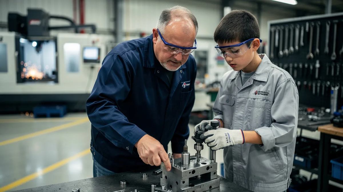 A mentor guiding a young apprentice through hands-on work at a manufacturing facility, demonstrating skills that prepare students for gainful employment in recognized occupations.