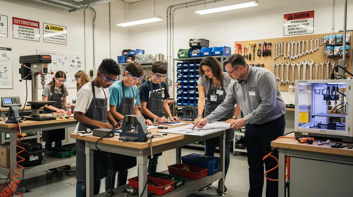 A group of high school students collaborating with adult mentors in an industrial workshop, showing the importance of youth apprenticeships in helping students gain real-world experience and on-the-job training to prepare for future career pathways.