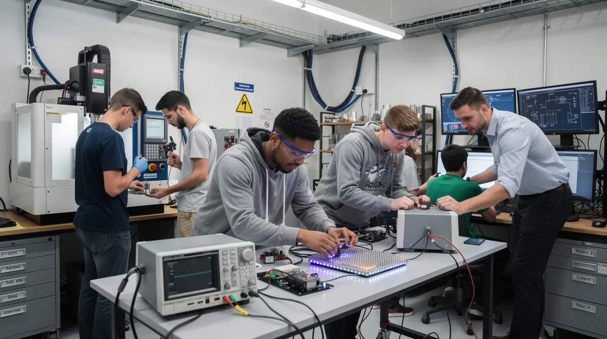 In a hands-on technical training lab, students are participating in an educational program designed to prepare them for gainful employment in recognized occupations.