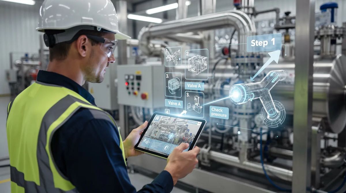 A technician using an augmented reality tablet to overlay digital instructions onto industrial equipment, enhancing his learning experience through immersive technologies.