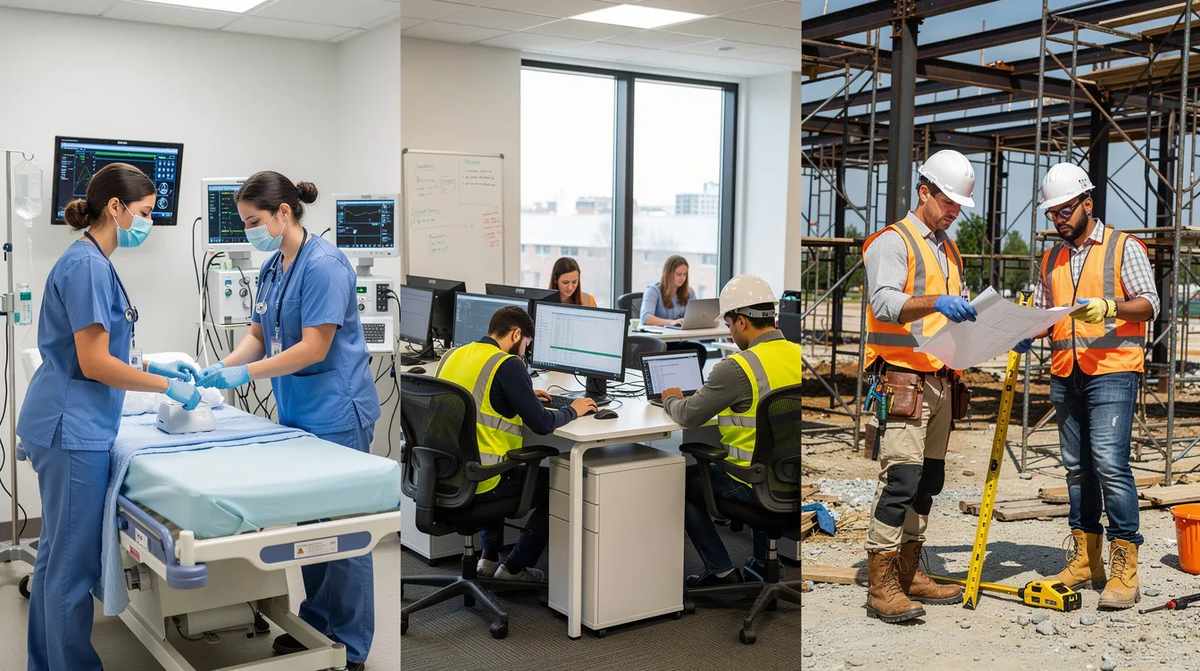 Students engaged in work-based learning experiences across various workplace settings, including a hospital room, an office, and a construction site, showcasing the diversity of career paths and skill development opportunities available to them.