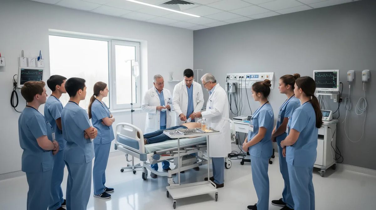 A group of healthcare professionals providing on-the-job training to young apprentices in a clinical setting. This work based learning experience supports student learning and skill development, preparing them for future career paths in the healthcare industry.