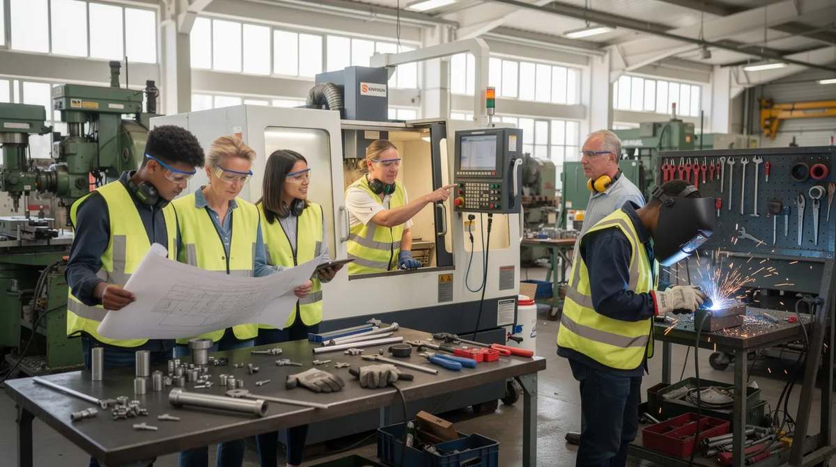 A group of young people engaged in hands-on work alongside an experienced mentor in a manufacturing workshop. This work based learning setting fosters skill development and provides students with practical knowledge relevant to various career paths.
