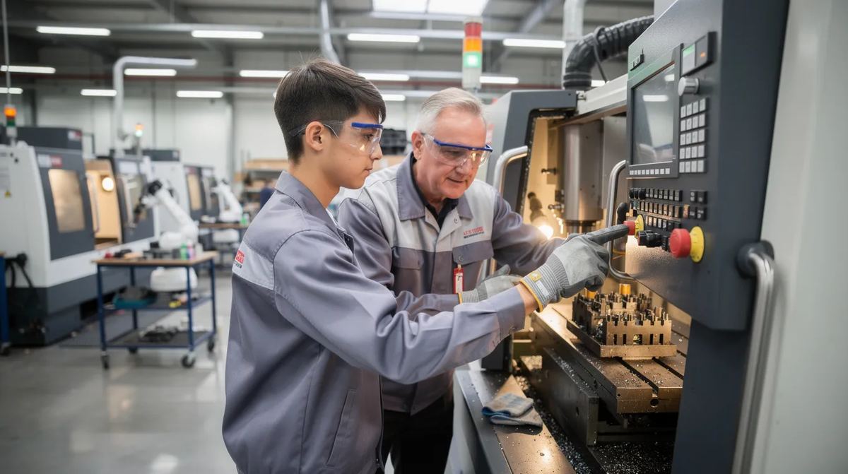 A young person in safety glasses and work gloves operating equipment in a manufacturing facility, while an experienced mentor provides guidance.