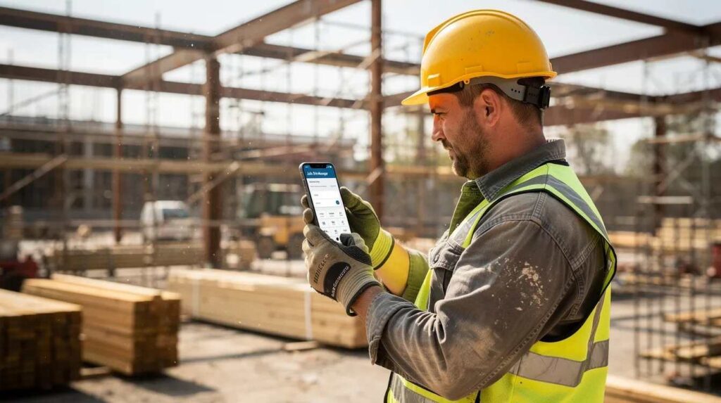 A construction worker, wearing a hard hat and work gloves, is using a smartphone app on a job site to access information related to their registered apprenticeship program. The scene highlights the integration of technology in training and tracking systems for a highly skilled workforce in public works projects.