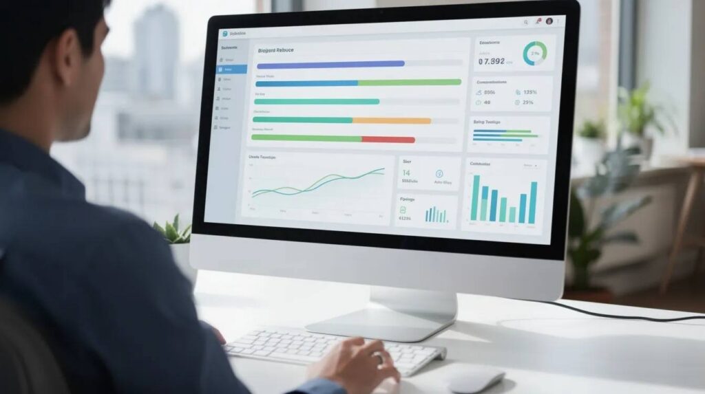The image depicts a clean digital dashboard displayed on a computer screen, featuring progress bars and data charts, set in a modern office environment. This dashboard could be a valuable tool for college students and recent grads as they explore internship opportunities and track their progress in the internship search.