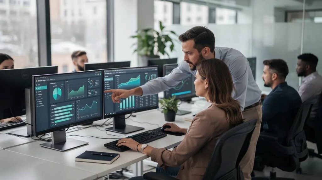 The image depicts a team of professionals working collaboratively at computers in an open office, focused on reviewing data displayed on their screens. This environment reflects a dynamic workspace that could be part of an apprenticeship program management system, emphasizing teamwork and data analysis for effective compliance reporting and training outcomes.