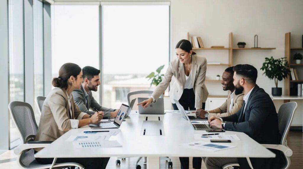 A diverse professional team collaborates around a sleek conference table, equipped with laptops and documents, in a bright and modern workspace. They are likely discussing strategies for managing registered apprenticeship programs and ensuring compliance with program requirements while tracking apprentice progress and outcomes.