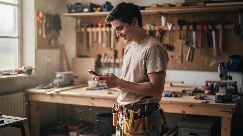 The image shows a young person in work clothes smiling while looking at a smartphone in a workshop setting, reflecting the positive engagement often found in apprenticeship programs. This scene emphasizes the importance of mobile access to apprenticeship management software, allowing apprentices to track their progress and achievements effectively.