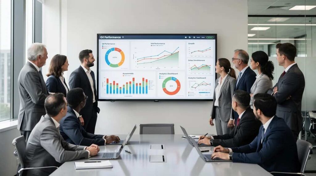 A diverse group of professionals is gathered around a large monitor in a modern office, displaying colorful charts and graphs related to apprenticeship programs. They appear engaged in a discussion about tracking progress and managing apprenticeship programs, highlighting the importance of tools and software for effective workforce development.