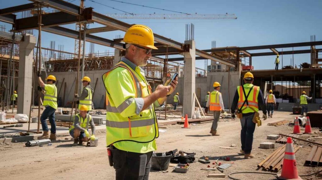 The image depicts tradespeople on a construction site under bright daylight, with one individual holding a smartphone while wearing a safety vest and hard hat. This scene highlights the importance of mobile functionality in apprenticeship management software, allowing supervisors to track apprentice progress and ensure compliance with safety regulations.