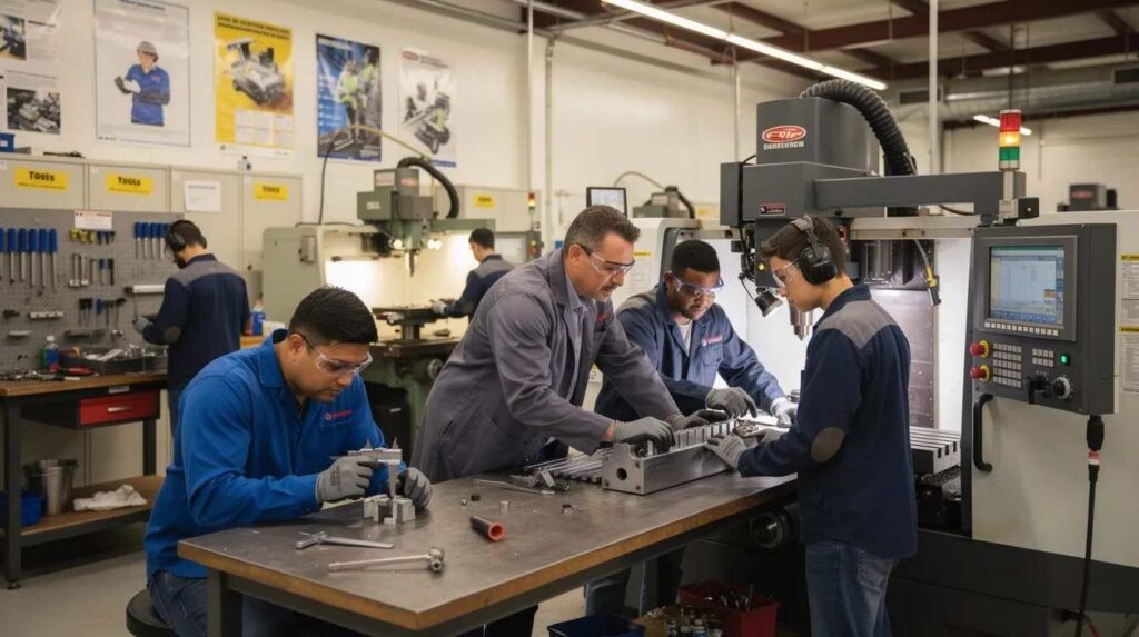 In a community college manufacturing lab, apprentices are engaged in hands-on training with various equipment, while an instructor provides guidance to enhance their technical skills. This collaborative environment supports the development of foundational knowledge essential for successful apprenticeship programs and on-the-job learning.