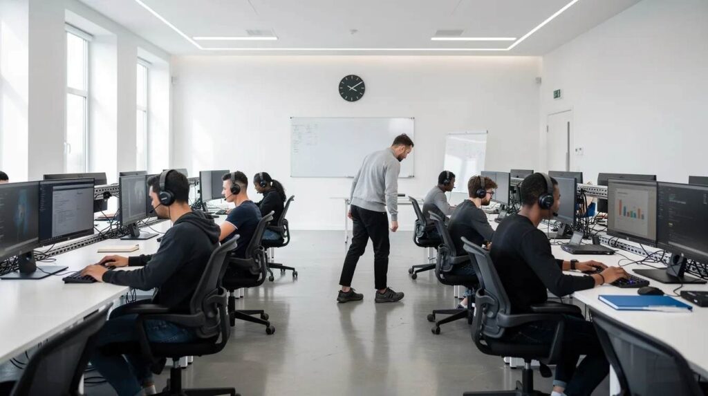 The image depicts a modern computer lab where apprentices are seated at their workstations, engaged in hands-on training. An instructor is walking between the rows, providing guidance and support as part of the apprenticeship programs designed to build technical skills and foundational knowledge.