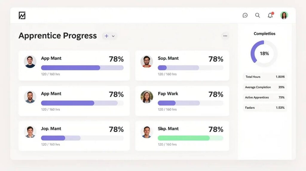 The image depicts a clean dashboard interface featuring progress bars, hour totals, and completion percentages for multiple apprentices, showcasing a software solution designed for tracking student progress and ensuring operational excellence. This digital work instruction tool aids in managing complex tasks and facilitates continuous improvement through instant access to multimedia work instructions and feedback loops.
