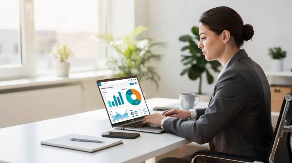 A program administrator is focused on colorful charts and graphs displayed on a laptop screen in a bright office environment, likely analyzing data related to apprenticeship programs and software engineering apprenticeships to support training and career opportunities for students and apprentices. The vibrant visuals suggest a dynamic approach to workforce development and mentorship in the technology industry.