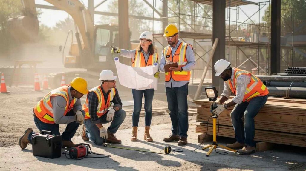 A diverse group of workers, all wearing safety gear, is collaborating on a job site surrounded by various tools and equipment. This scene highlights the importance of teamwork in a registered apprenticeship program, where apprentices develop skills under the guidance of apprenticeship sponsors.