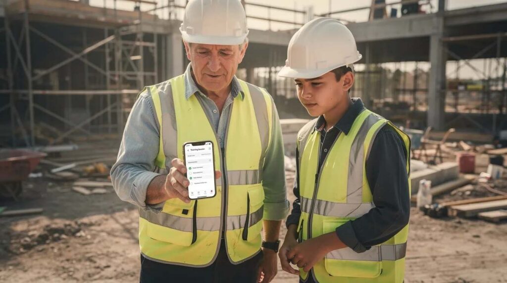 In the image, a mentor and a young apprentice stand together at a worksite, with the mentor using a smartphone to log training activities, emphasizing the importance of tracking progress in registered apprenticeships. This scene highlights the partnership between skilled workforce development and timely support for apprentices in their training journey.