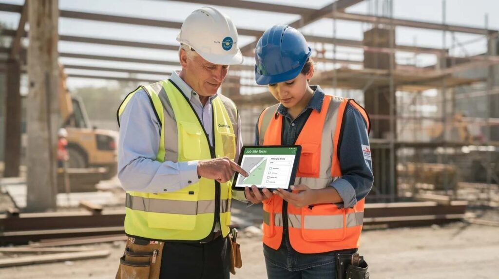 An employer mentor and an apprentice are collaborating on a tablet at a job site, reviewing important information related to their registered apprenticeship program. This scene highlights the on-the-job training and support provided by mentors in apprenticeship programs, emphasizing workforce development and skill enhancement.