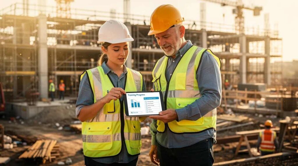 An apprentice and mentor are collaborating on a tablet at a construction job site, reviewing the apprentice's training progress within their apprenticeship program. They are likely discussing important aspects such as tracking hours and maintaining accurate training records to ensure compliance with regulatory obligations.