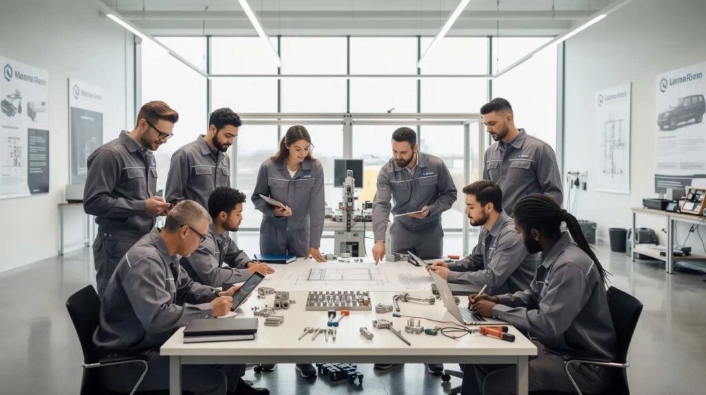 A group of diverse apprentices in workplace uniforms is collaborating in a modern training facility, actively engaging in their apprenticeship program. This scene reflects a dynamic environment where apprentices are supported in their training and development, essential for their progress in registered apprenticeship programs.