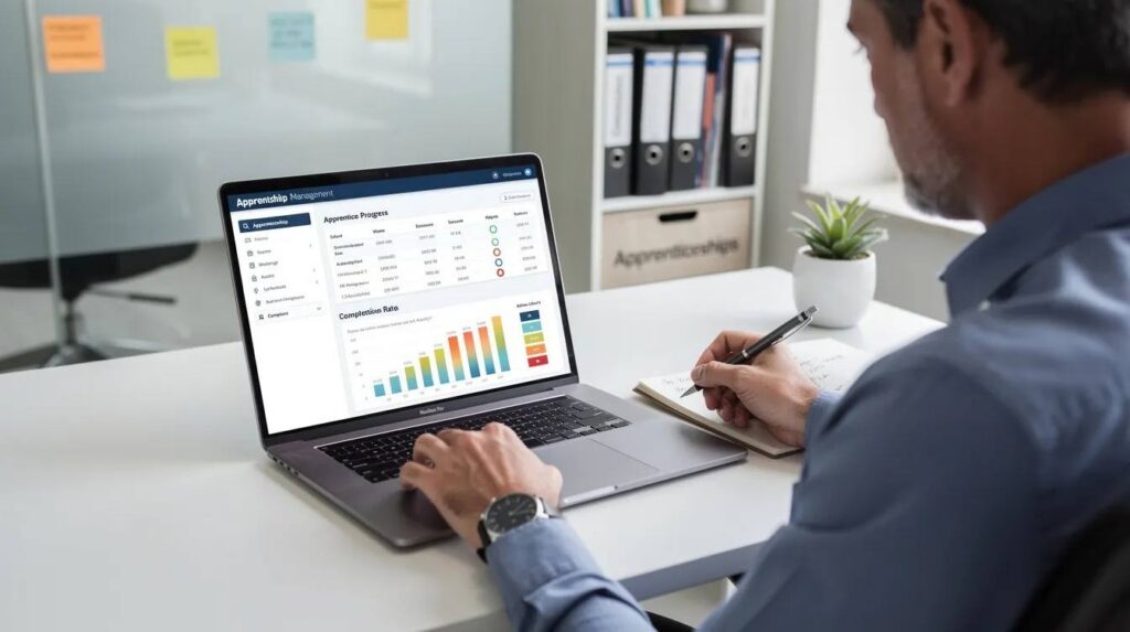 A program director is intently reviewing an apprenticeship management dashboard on a laptop, situated in a modern office environment. The dashboard likely displays key metrics related to the apprenticeship program, such as apprentice progress, training scheduling, and compliance with regulatory obligations.