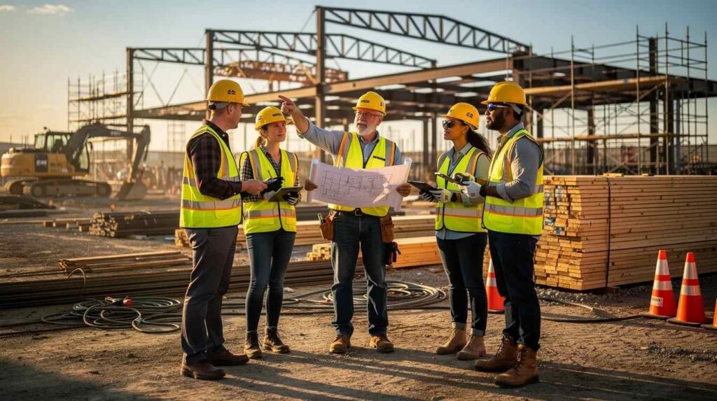 A group of registered apprentices, wearing hard hats and safety vests, collaborates with an experienced mentor at an outdoor construction site, engaging in on-the-job learning to develop a highly skilled workforce. This hands-on training is part of a registered apprenticeship program that adheres to federal and state regulations, ensuring compliance with approved apprenticeship standards.