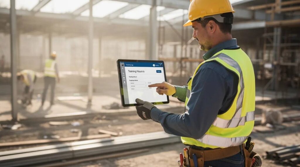A person is using a tablet device on a job site to log their training hours as part of an apprenticeship program, ensuring accurate records of their on-the-job training. This process supports compliance reporting and workforce development by tracking learner progress and training outcomes.