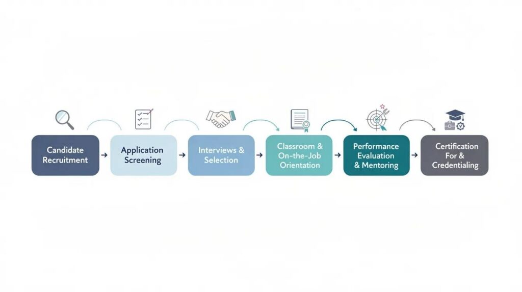The image is a flowchart illustrating the stages of a registered apprenticeship program, detailing the process from candidate recruitment to completion and credentialing. It highlights key elements such as on-the-job learning, classroom instruction, and compliance with federal and state regulations to ensure the development of a highly skilled workforce.