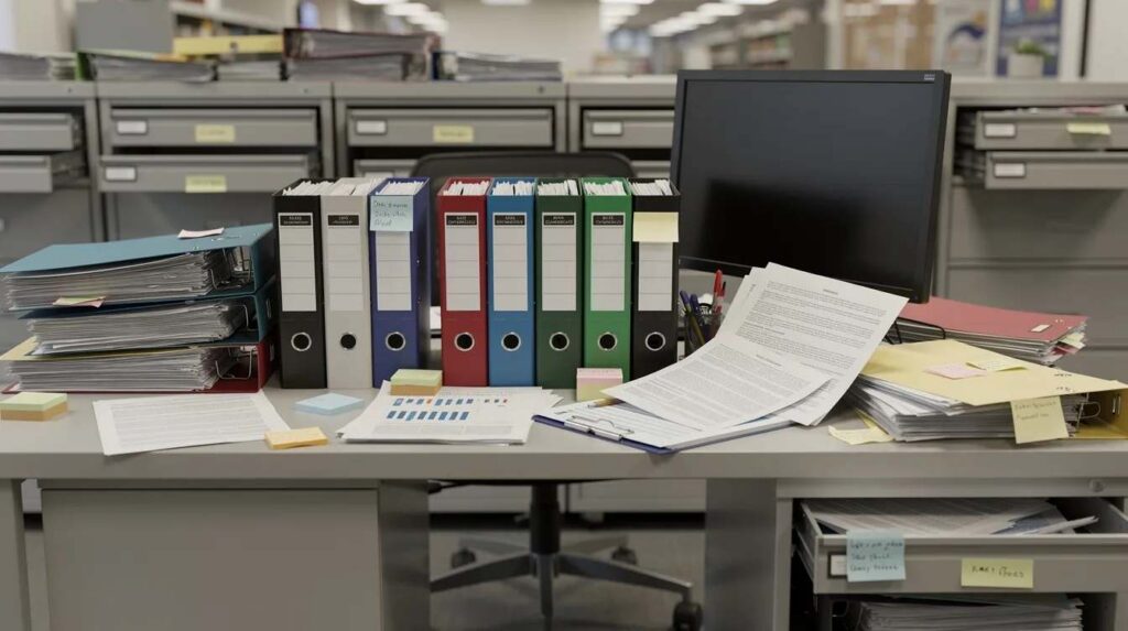 The image depicts a cluttered office desk filled with paper binders, scattered documents, and nearby filing cabinets, reflecting the busy environment of apprenticeship management. This setting emphasizes the importance of organized document management for tracking apprentice records and ensuring compliance with state regulations in a registered apprenticeship program.