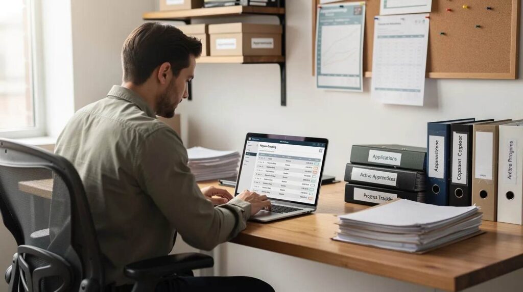 A program coordinator is seated at a desk, intently reviewing apprenticeship records on a laptop screen, surrounded by organized folders that highlight the administrative processes involved in managing a registered apprenticeship program. The scene illustrates the importance of accurate records and compliance with state regulations in apprenticeship management.