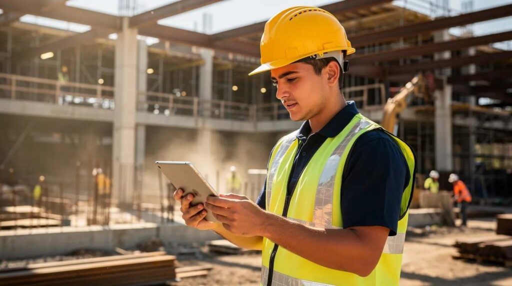 The image shows an apprentice wearing a hard hat and using a tablet device at a construction site, actively tracking their training hours and progress through apprenticeship management software. This scene highlights the importance of mobile access to apprenticeship programs, allowing apprentices to manage their job training and log on-the-job training hours efficiently.