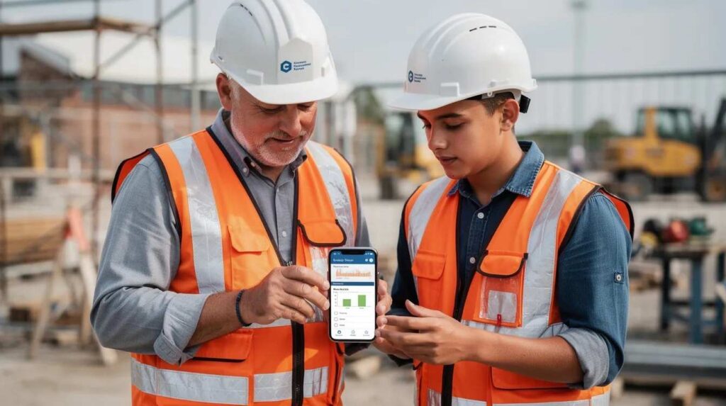 The image shows a supervisor and an apprentice at a job site, both engaged in reviewing training progress on a smartphone. They are utilizing apprenticeship management software to track the apprentice's achievements and ensure compliance with registered apprenticeship programs.