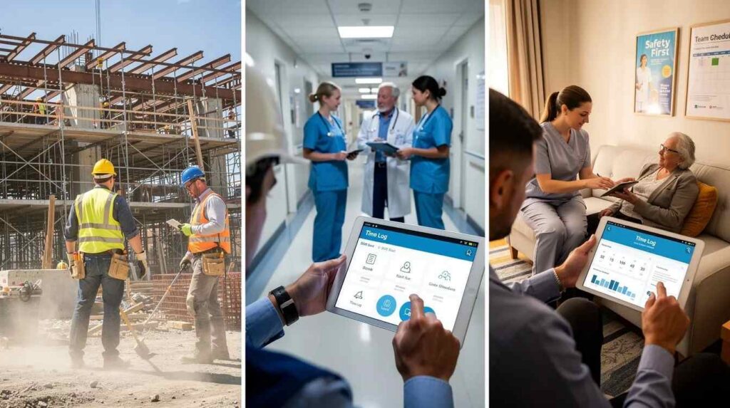 The image depicts various construction and healthcare worksites where workers are actively using tablets and smartphones for digital time tracking. This scene highlights the integration of apprenticeship management software, enabling efficient tracking of training hours and apprentice progress across multiple job sites.