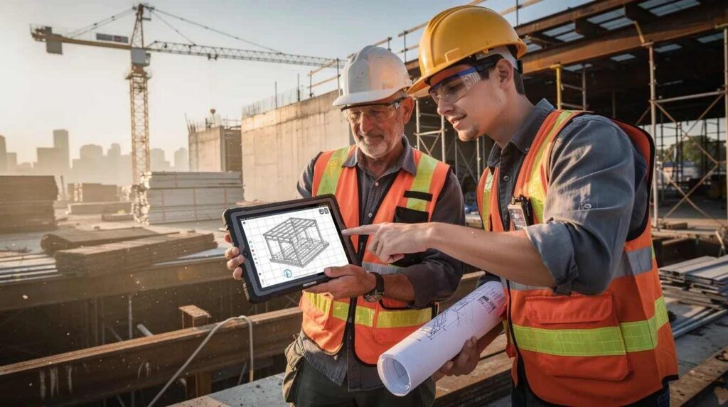 A mentor and an apprentice are collaborating on a construction job site, using a tablet device to access apprenticeship management software. They are likely reviewing training materials or tracking the apprentice's progress in their registered apprenticeship program.