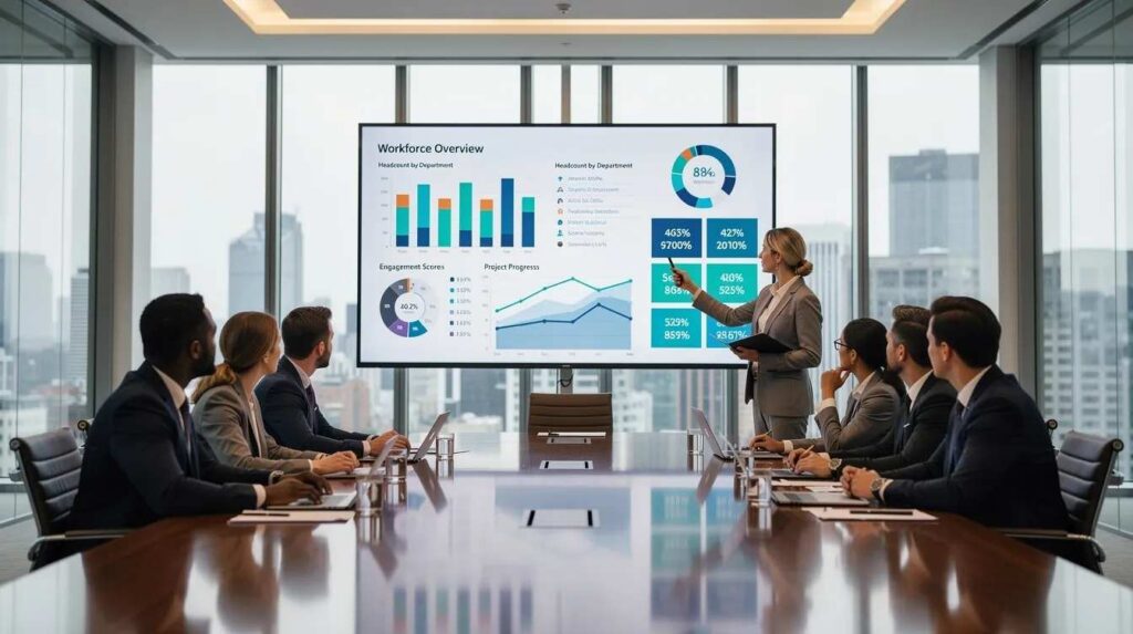 A group of professionals is gathered in a conference room, intently observing a large screen displaying various workforce data charts and progress indicators related to their apprenticeship program. The atmosphere reflects a collaborative effort to track and manage apprentice records and ensure compliance with industry standards for workforce development.