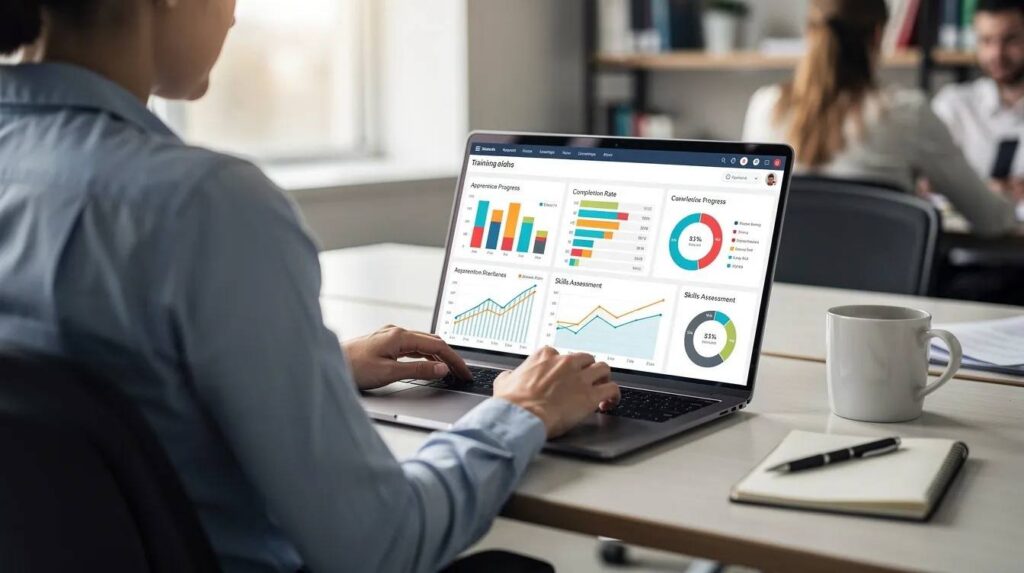 A program coordinator is focused on a laptop screen displaying charts and data visualizations related to apprentice training progress, highlighting the management of apprenticeship programs and tracking apprentice achievements. The scene emphasizes the importance of maintaining accurate training records and ensuring compliance with regulatory obligations within the entire apprenticeship training lifecycle.