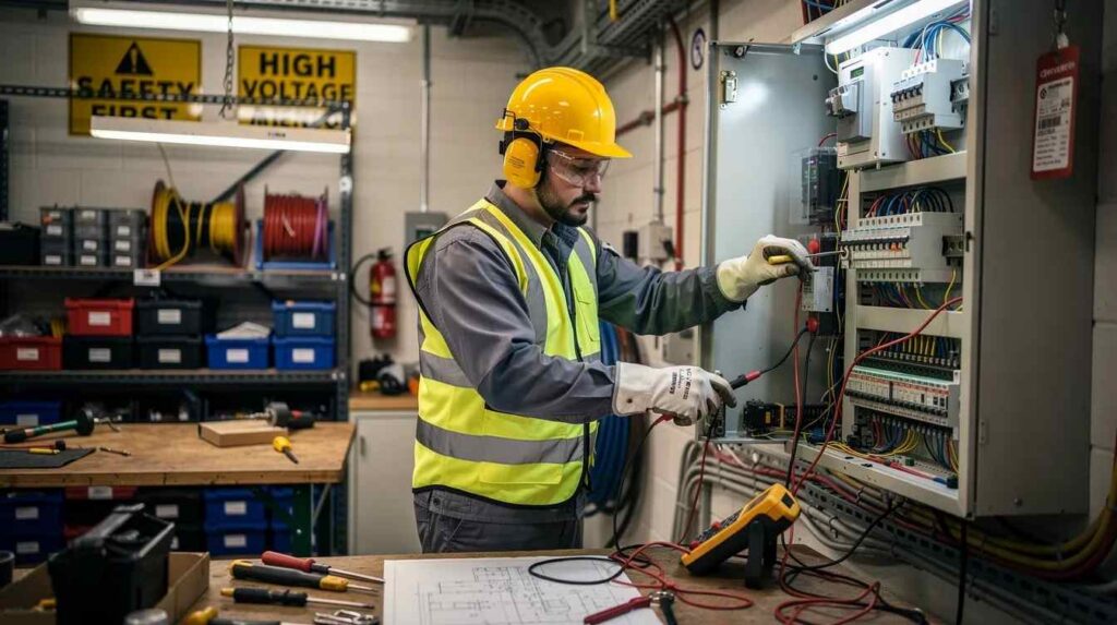 An apprentice wearing a helmet, gloves, and safety goggles is focused on working with electrical equipment in a well-equipped workshop environment. This scene highlights the importance of safety in registered apprenticeship programs and the practical training hours essential for apprentice development.