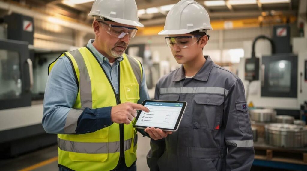 A supervisor and an apprentice are collaborating to review training records on a tablet in a manufacturing facility, ensuring accurate records of the apprentice's progress within the registered apprenticeship program. This interaction highlights the importance of effective apprenticeship management and tracking for apprentice development.