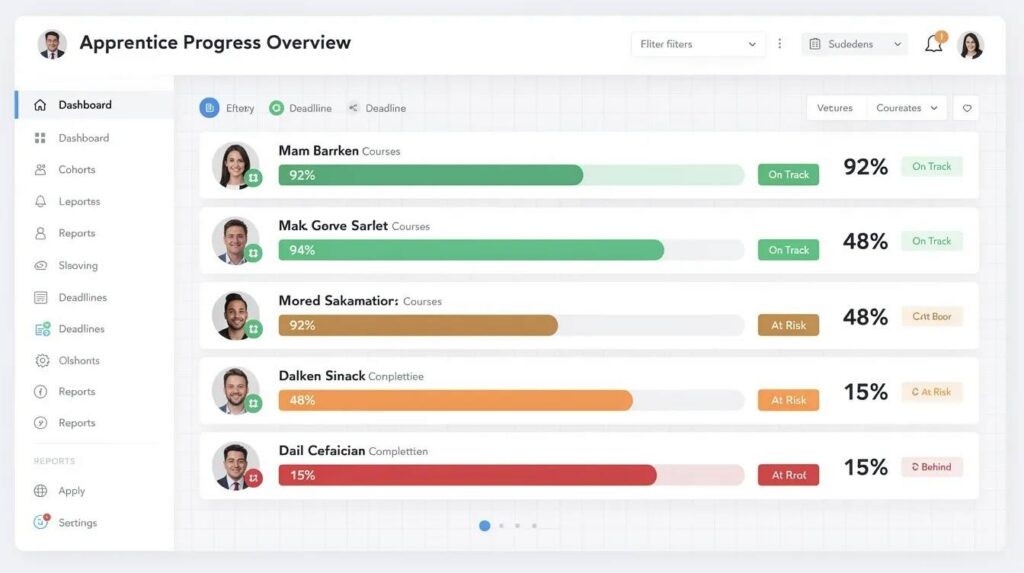 The image depicts a digital dashboard designed for apprenticeship management, showcasing various apprentice progress bars, completion percentages, and color-coded status indicators that reflect the apprentices' achievements and training hours. This unified platform enables program sponsors and employers to effectively track apprentice development and ensure compliance with reporting requirements.