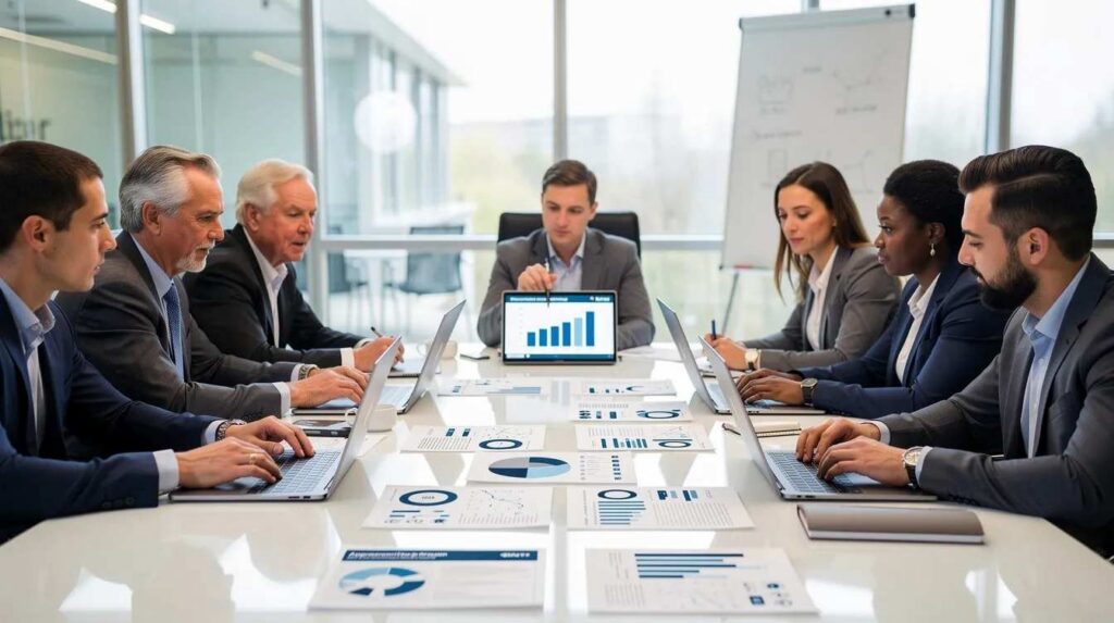 A group of educators and employers is gathered around a conference table, reviewing reports on registered apprenticeship programs using laptops. They are discussing apprentice progress and how to effectively manage apprenticeship programs, ensuring compliance with reporting requirements and regulatory standards.