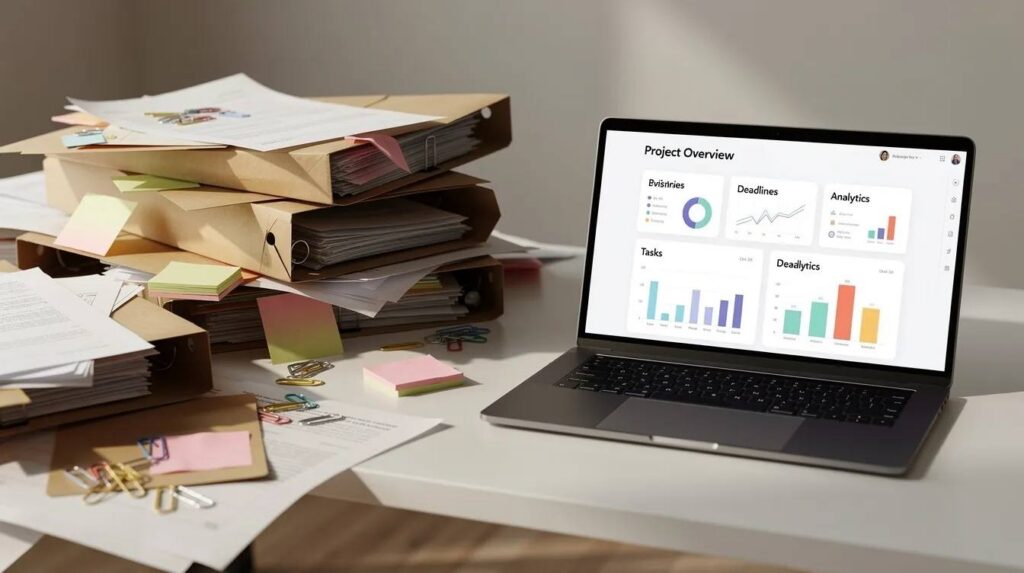 The image depicts a cluttered desk filled with scattered paper files and folders, contrasting with a clean laptop that displays an organized digital dashboard, likely used for managing apprenticeship program records and ensuring accurate data entry for registered apprenticeships. This scene highlights the balance between traditional documentation and modern digital systems in workforce development.