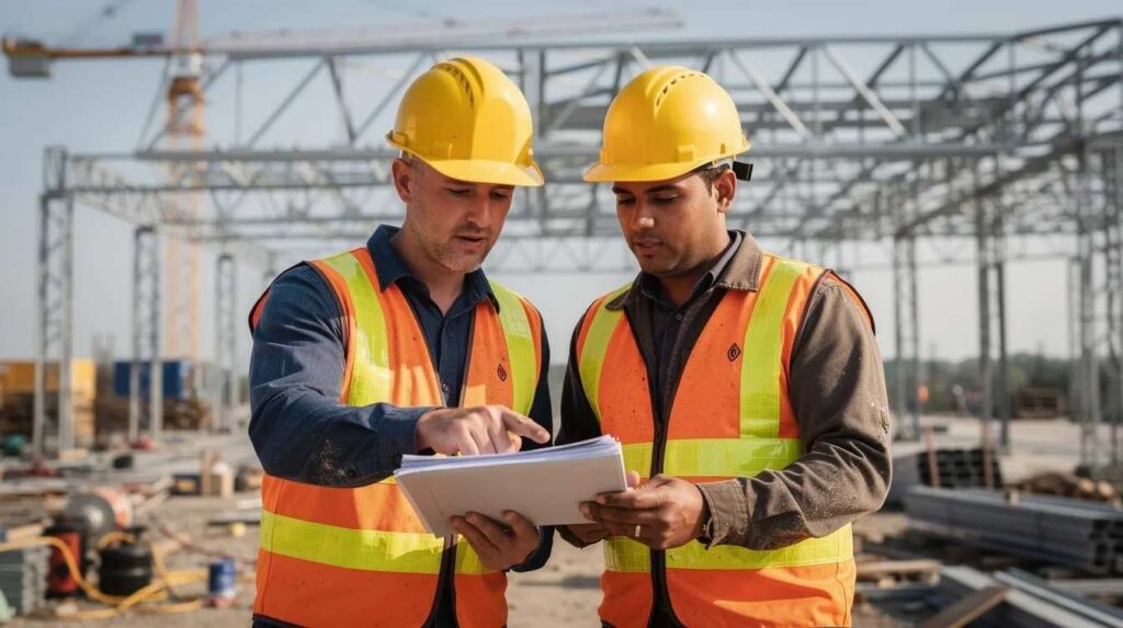 Two construction workers, wearing hard hats and safety vests, are collaborating on paperwork at a job site, with steel framing visible in the background. This scene illustrates the importance of training and compliance within state-approved apprenticeship programs in the construction industry.