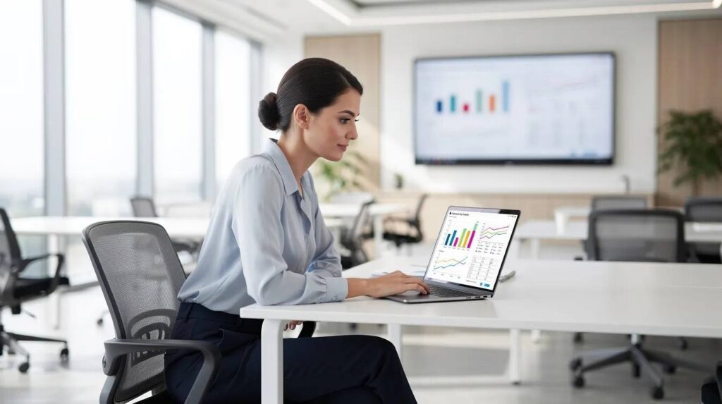 A professional woman is intently reviewing data charts on her laptop in a bright, modern training facility, showcasing the use of apprenticeship management software to track apprentice progress and ensure compliance with program requirements. The atmosphere reflects a focus on efficiency and effective management of apprenticeship programs.