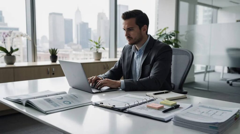 A professional is seated at a modern office desk, working intently on a laptop surrounded by training materials and documents, illustrating an environment focused on apprenticeship program management and learner progress tracking. The scene conveys a commitment to on-the-job learning and effective documentation management within a unified apprenticeship platform.