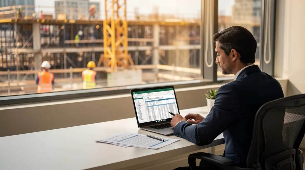 A compliance manager is seated at a desk, intently reviewing documents on a laptop, with detailed construction site plans visible in the background. The scene reflects the importance of adhering to apprenticeship requirements and ensuring compliance with state-approved apprenticeship programs in the construction industry.